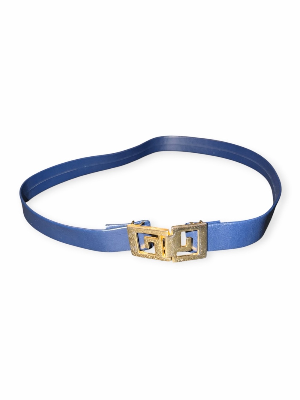 Vintage Blue Women's Leather Belt with Gold Tone Interlocking Geometric Buckle